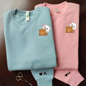 Cute Mocha and Milk Couple Bear Embroidery Sweatshirt