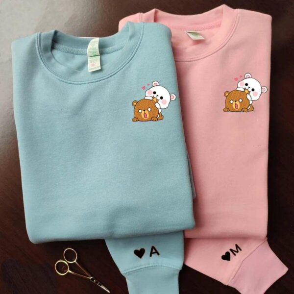 Cute Mocha and Milk Couple Bear Embroidery Sweatshirt