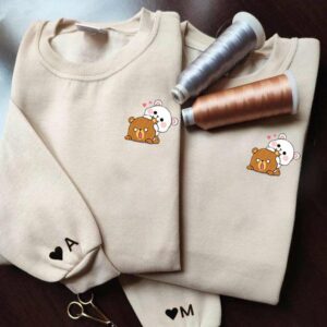 Cute Mocha and Milk Couple Bear Embroidery Sweatshirt